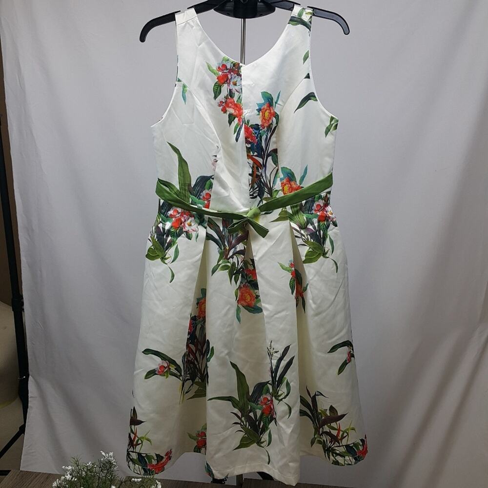 Floral Satin A-Line Midi Dress in White with Green Belt